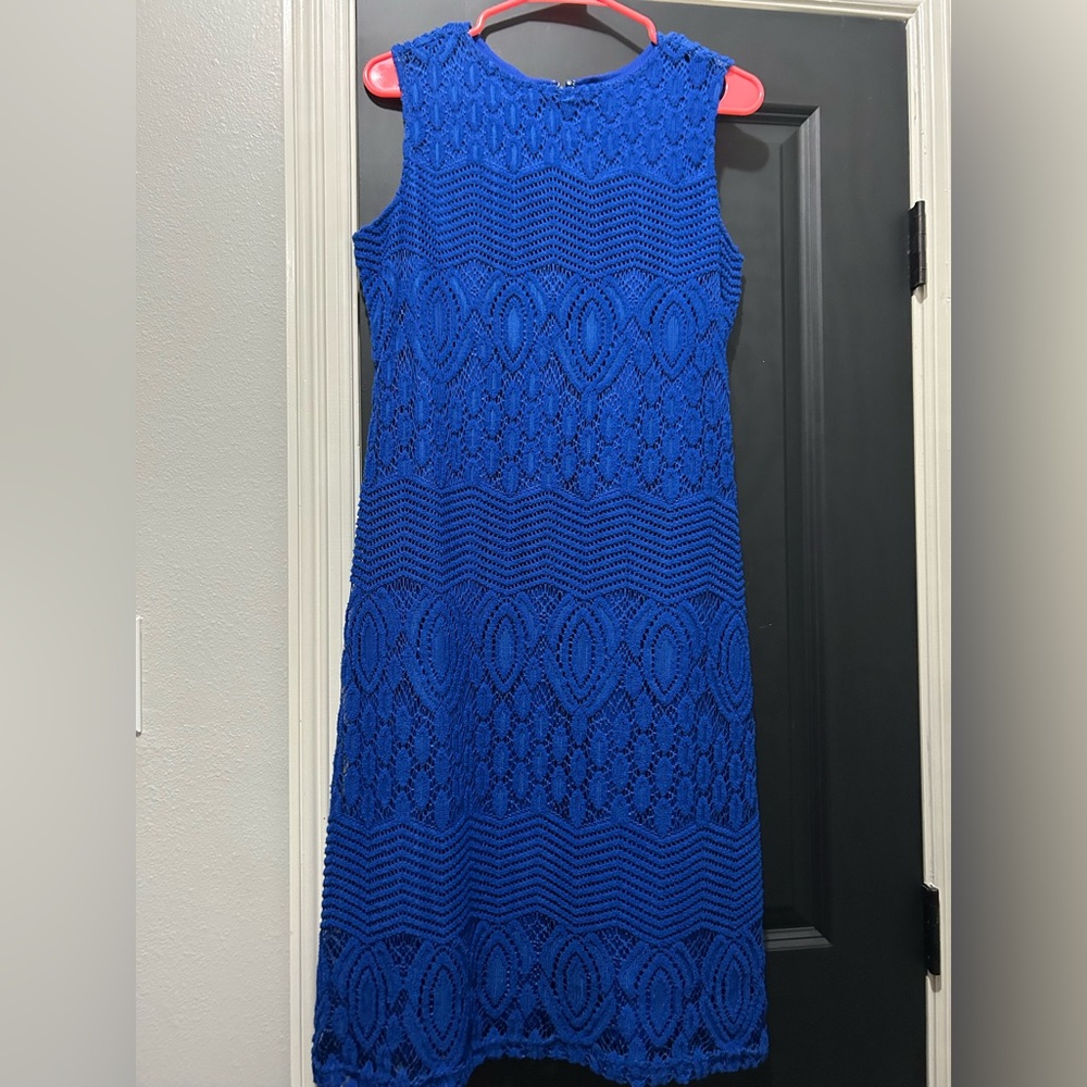 Sharagano Blue Halter Sheath Midi Dress